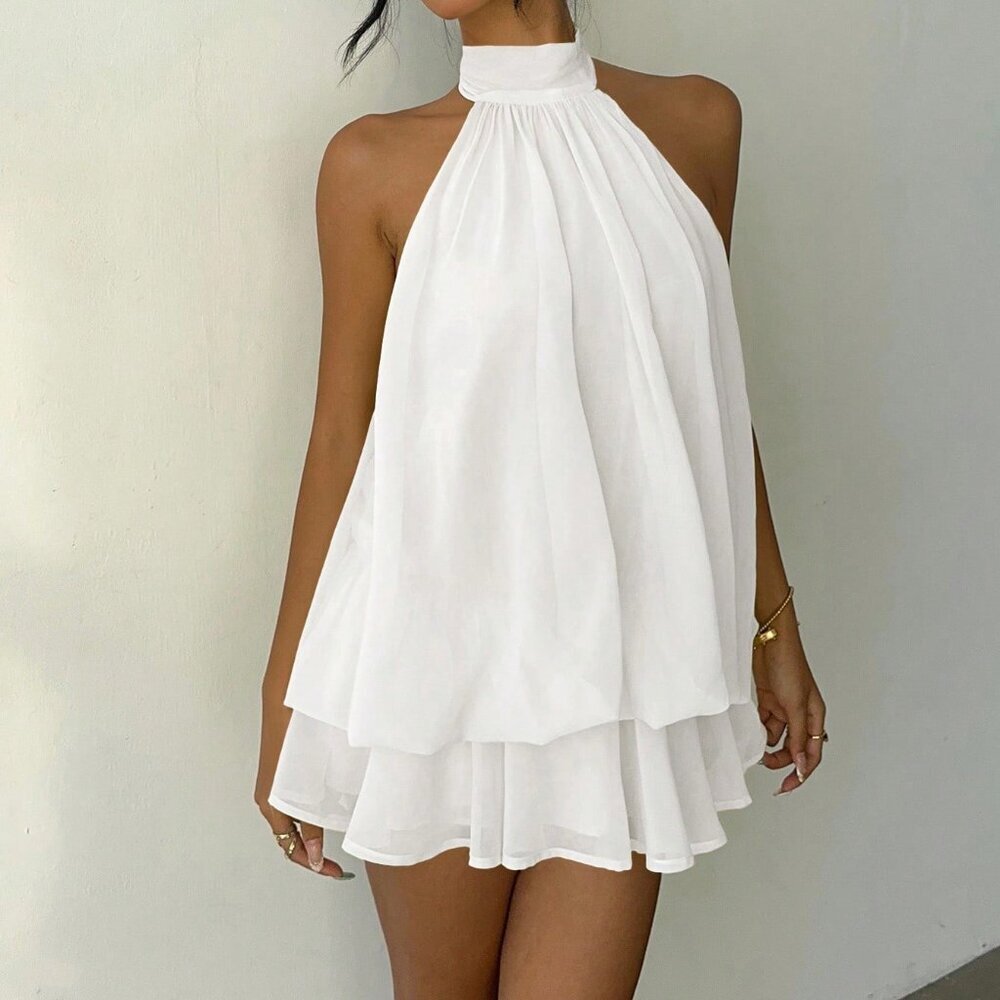White Casual Women's Elegant Halter Tie Mini Dress - Picture 3 of 7
